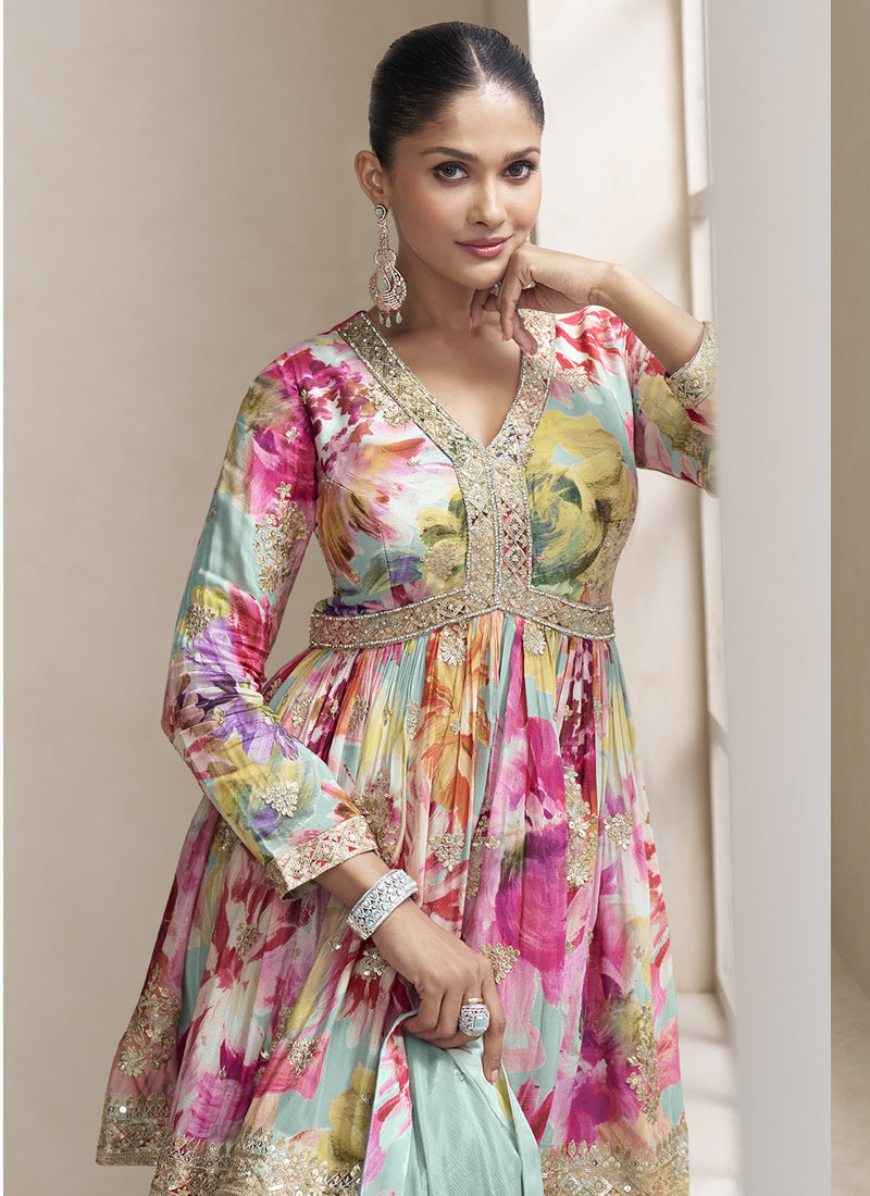 Vegaa Fashion Sea Green Chinon Embroidered Designer Palazzo Suit