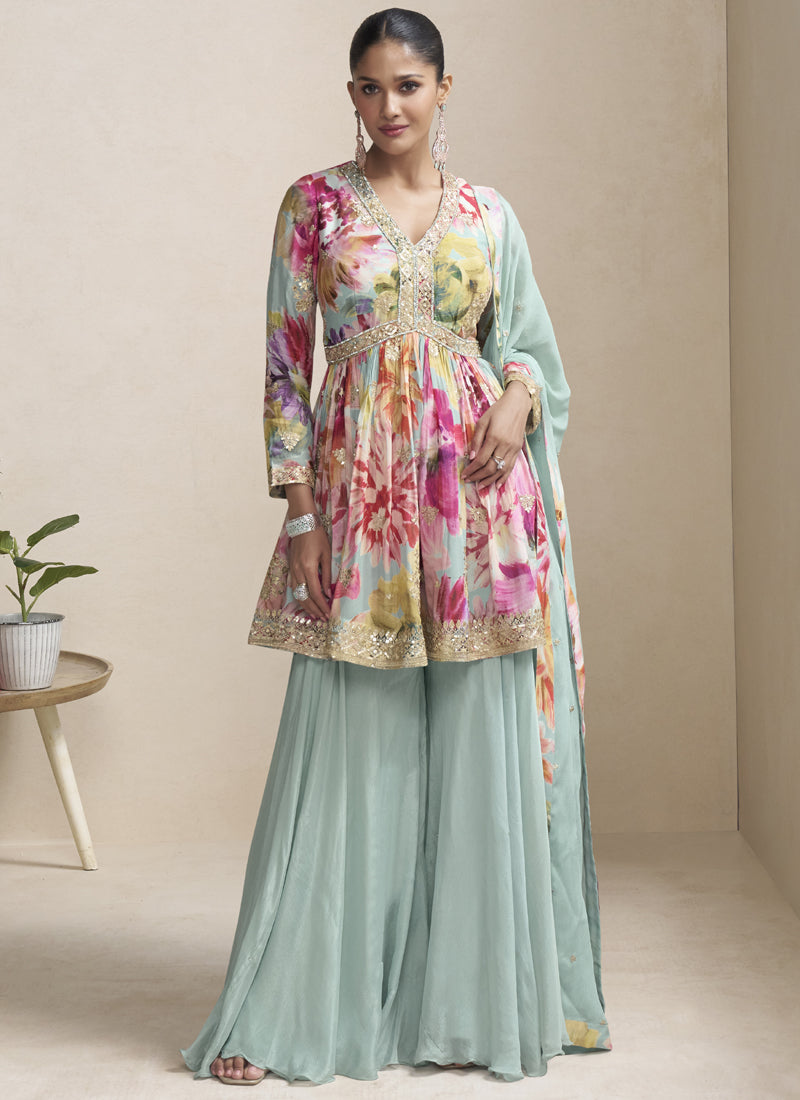 Vegaa Fashion Sea Green Chinon Embroidered Designer Palazzo Suit
