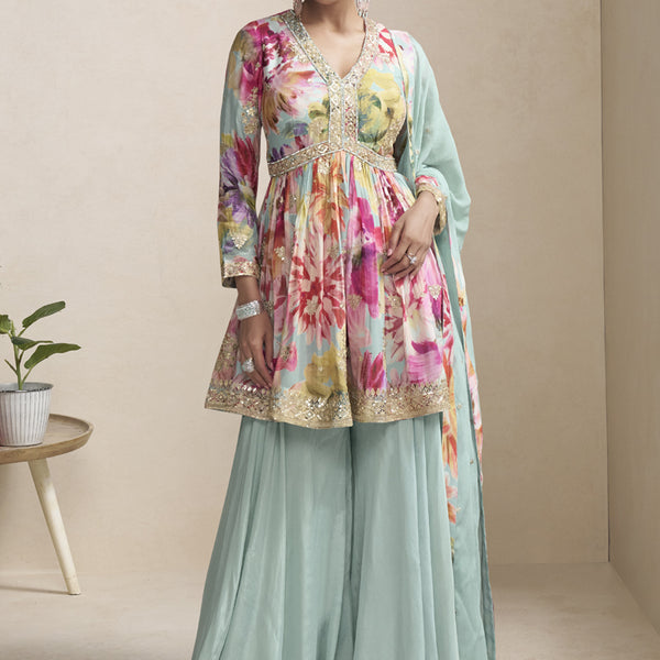 Vegaa Fashion Sea Green Chinon Embroidered Designer Palazzo Suit - Distacart