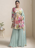 Thumbnail for Vegaa Fashion Sea Green Chinon Embroidered Designer Palazzo Suit