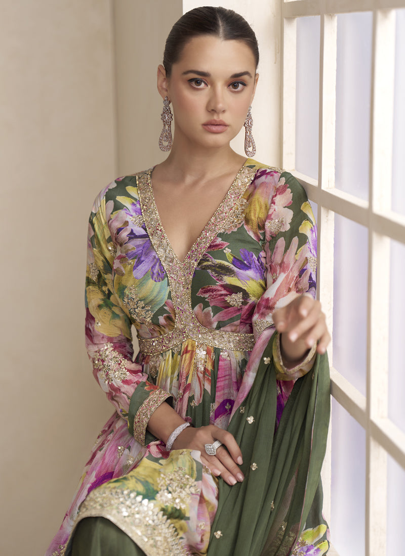 Vegaa Fashion Mehendi Chinon Embroidered Designer Palazzo Suit
