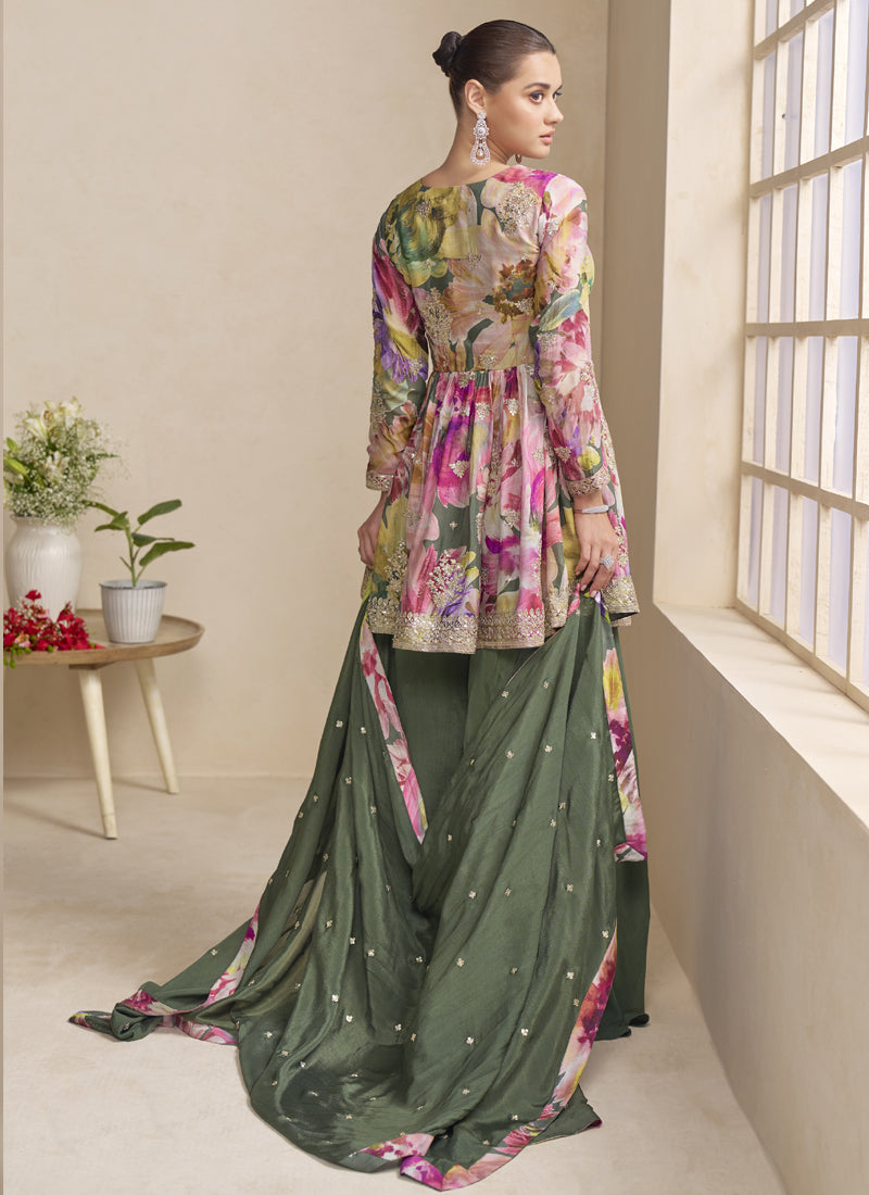 Vegaa Fashion Mehendi Chinon Embroidered Designer Palazzo Suit