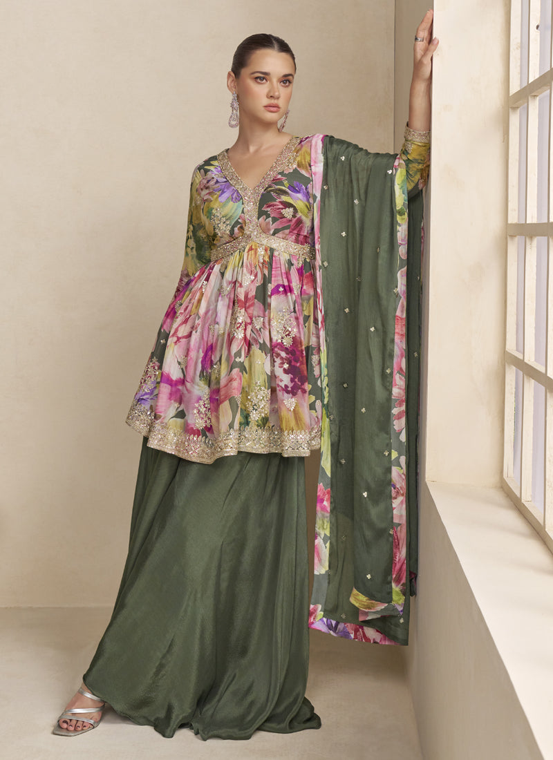 Vegaa Fashion Mehendi Chinon Embroidered Designer Palazzo Suit