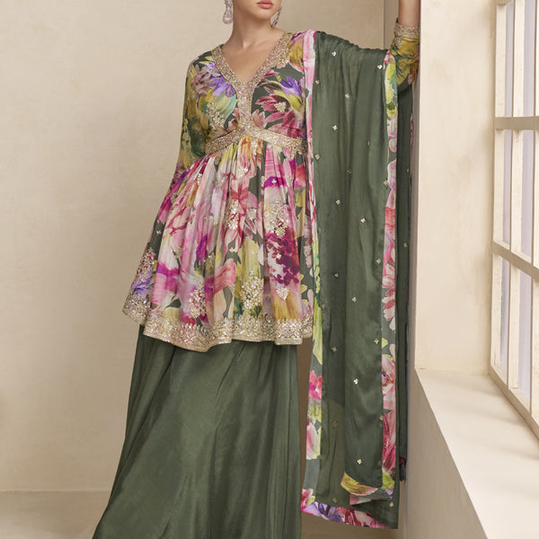 Vegaa Fashion Mehendi Chinon Embroidered Designer Palazzo Suit