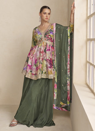 Vegaa Fashion Mehendi Chinon Embroidered Designer Palazzo Suit