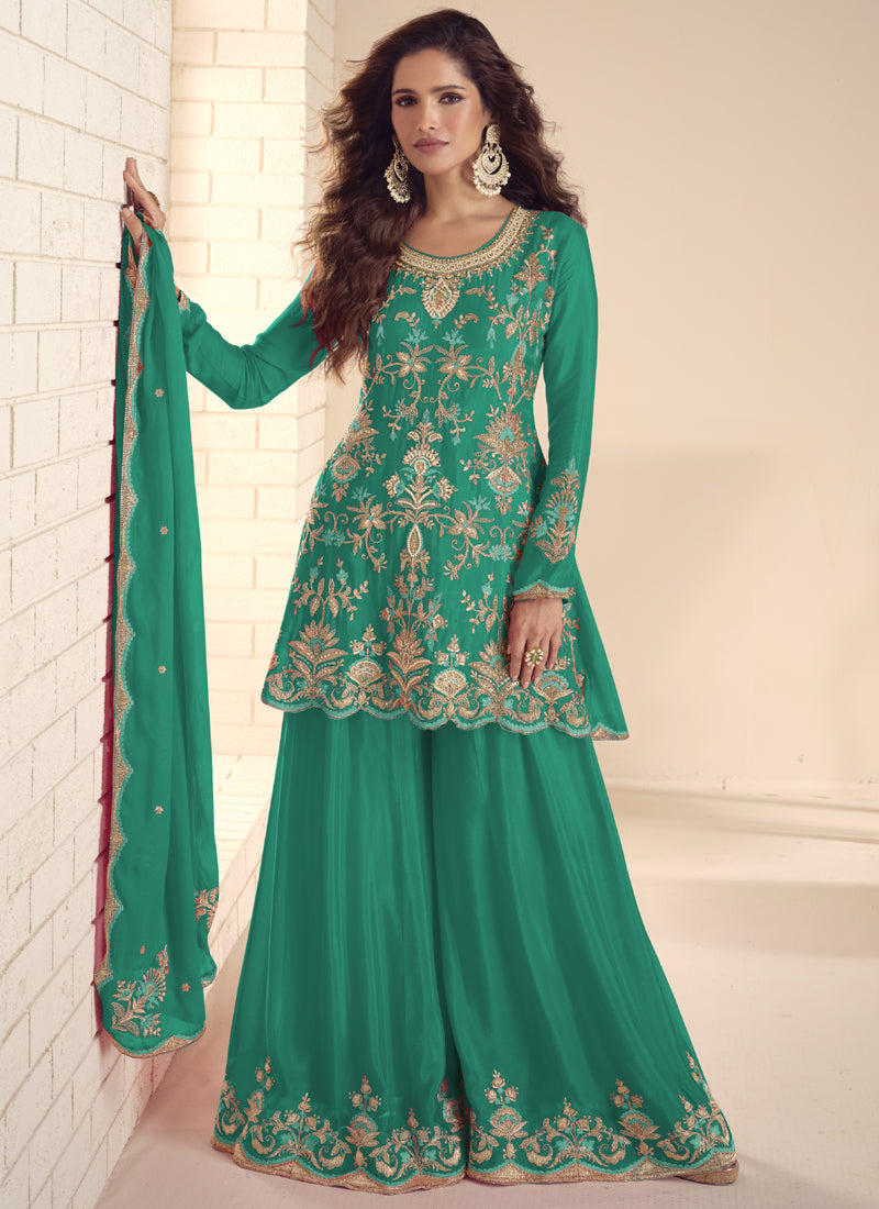 Vegaa Fashion Rama Green Chinon Silk Embroidered Salwar Palazzo Suit