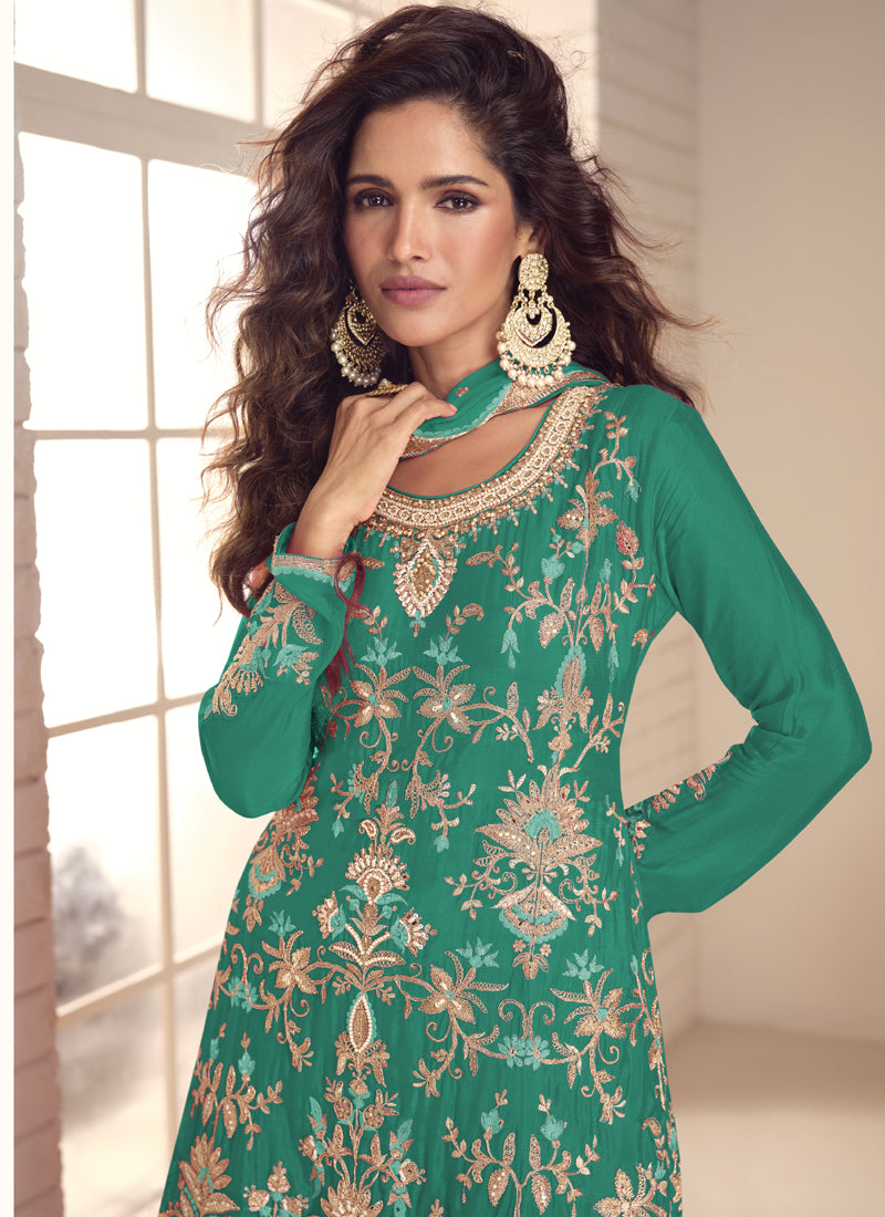 Vegaa Fashion Rama Green Chinon Silk Embroidered Salwar Palazzo Suit
