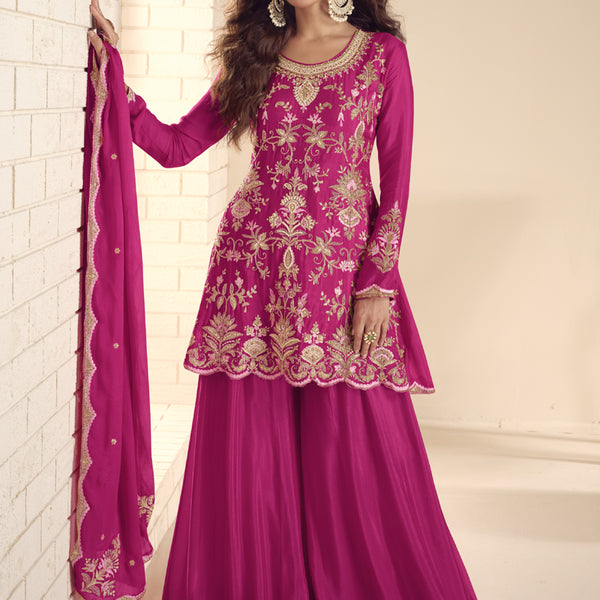 Vegaa Fashion Pink Chinon Silk Embroidered Salwar Palazzo Suit