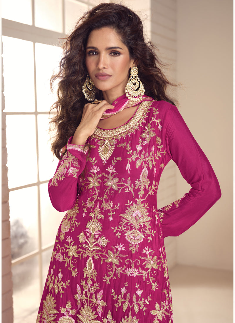 Vegaa Fashion Pink Chinon Silk Embroidered Salwar Palazzo Suit