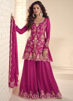 Thumbnail for Vegaa Fashion Pink Chinon Silk Embroidered Salwar Palazzo Suit