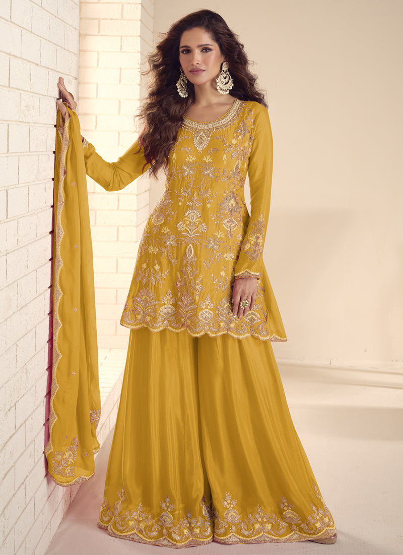 Vegaa Fashion Yellow Chinon Silk Embroidered Salwar Palazzo Suit