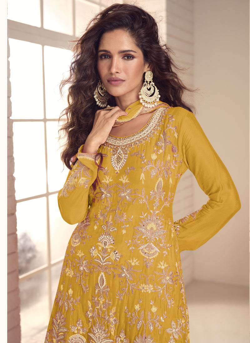 Vegaa Fashion Yellow Chinon Silk Embroidered Salwar Palazzo Suit