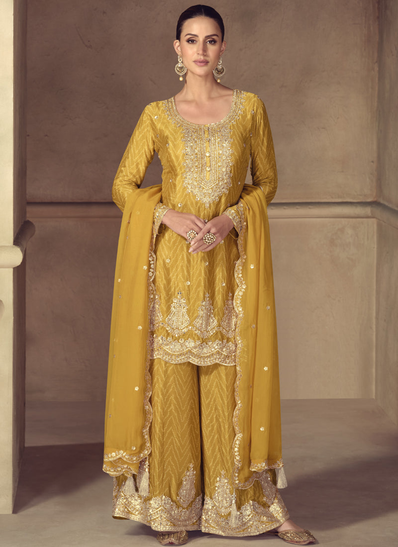 Vegaa Fashion Yellow Real Chinon Digital Print Palazzo Suit