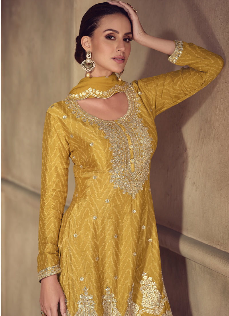 Vegaa Fashion Yellow Real Chinon Digital Print Palazzo Suit