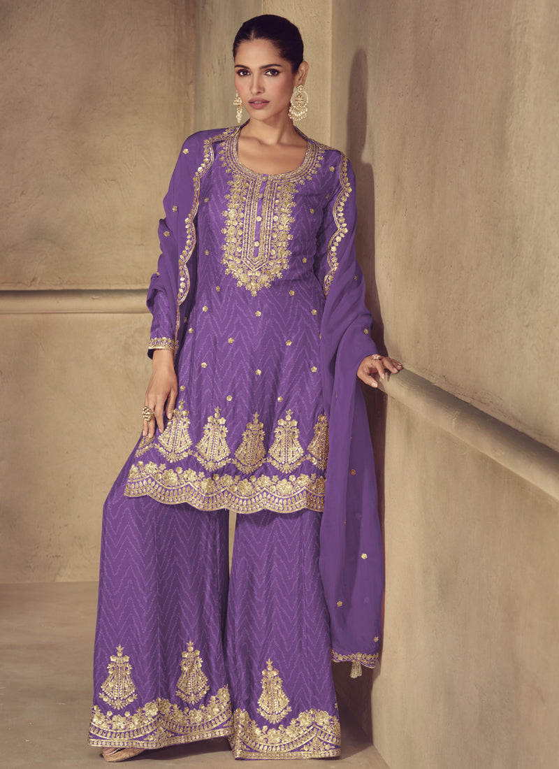 Vegaa Fashion Violet Real Chinon Digital Print Palazzo Suit