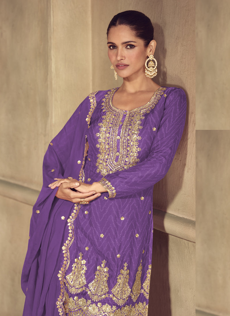 Vegaa Fashion Violet Real Chinon Digital Print Palazzo Suit