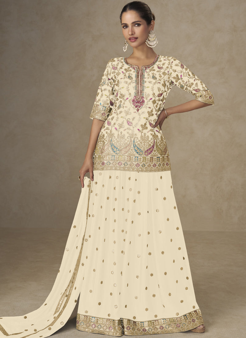 Vegaa Fashion Off White Chinon Embroidered Designer Palazzo Suit