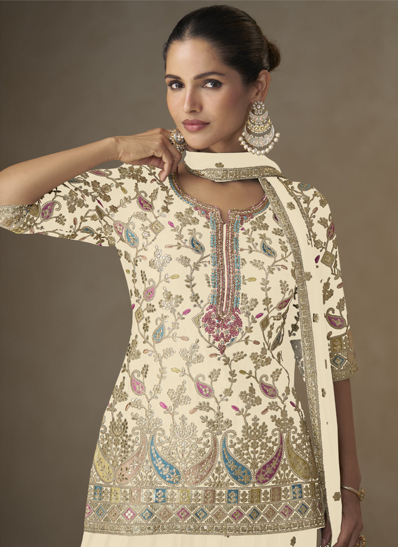 Vegaa Fashion Off White Chinon Embroidered Designer Palazzo Suit