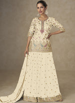Thumbnail for Vegaa Fashion Off White Chinon Embroidered Designer Palazzo Suit