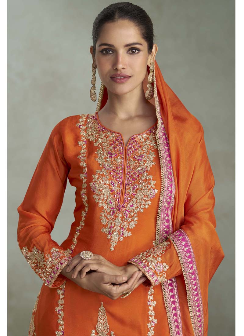 Vegaa Fashion Orange Chinon Embroidered Designer Palazzo Suit