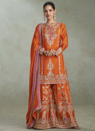 Vegaa Fashion Orange Chinon Embroidered Designer Palazzo Suit