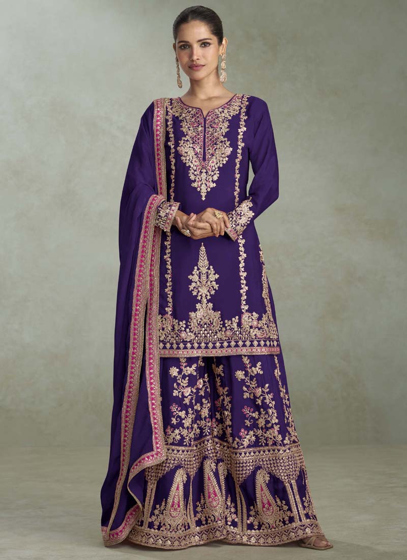 Vegaa Fashion Violet Chinon Embroidered Designer Palazzo Suit