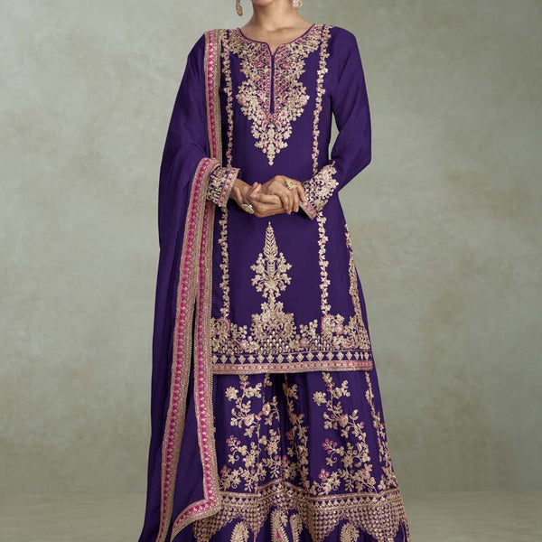Vegaa Fashion Violet Chinon Embroidered Designer Palazzo Suit