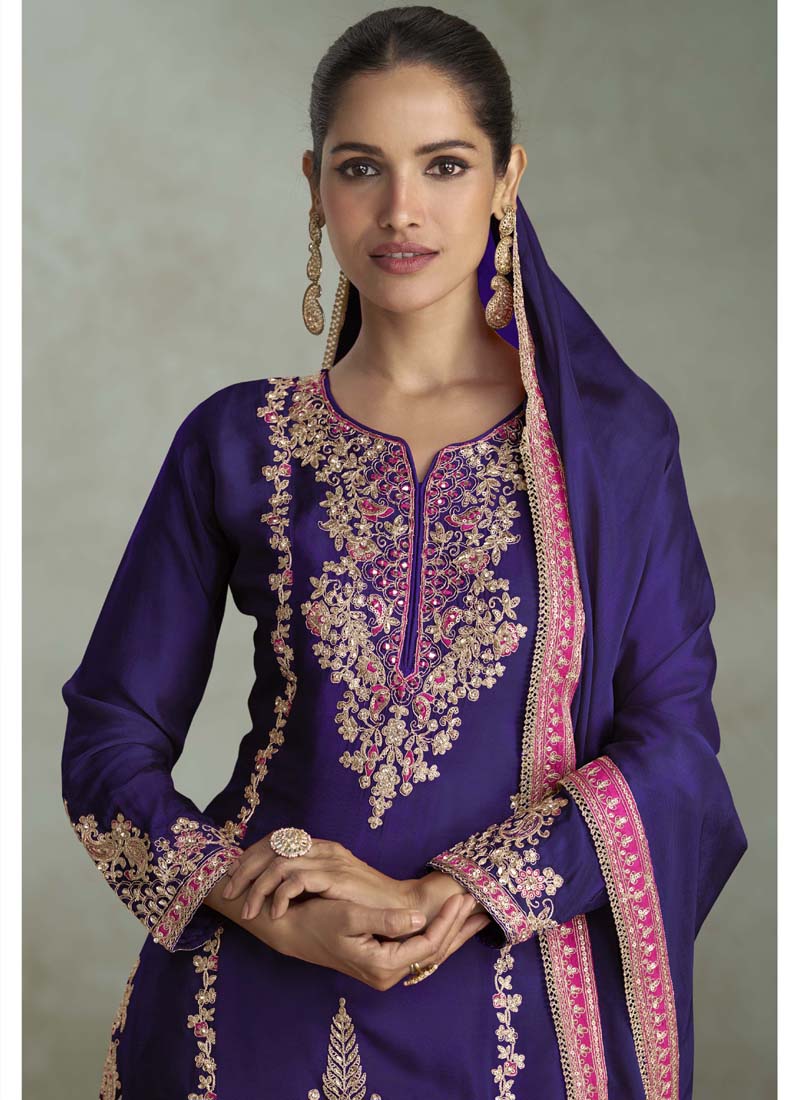 Vegaa Fashion Violet Chinon Embroidered Designer Palazzo Suit