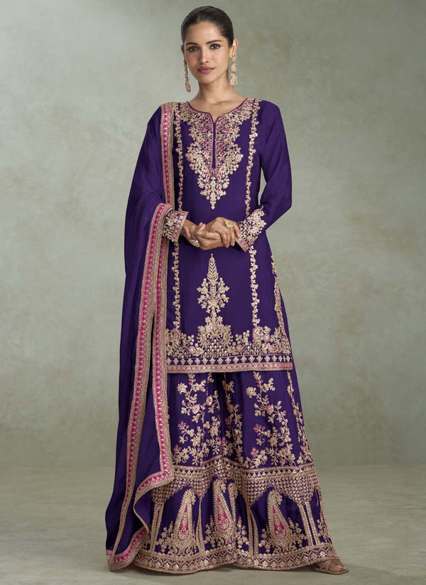 Vegaa Fashion Violet Chinon Embroidered Designer Palazzo Suit