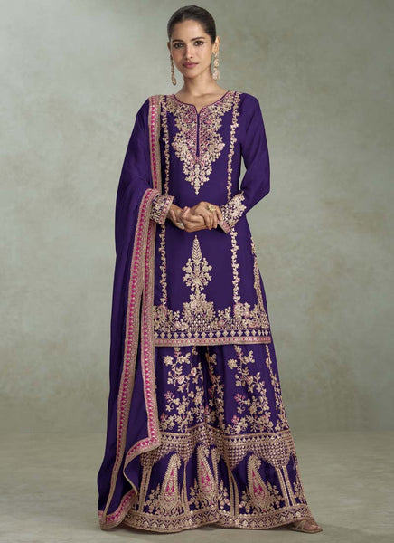 Vegaa Fashion Violet Chinon Embroidered Designer Palazzo Suit