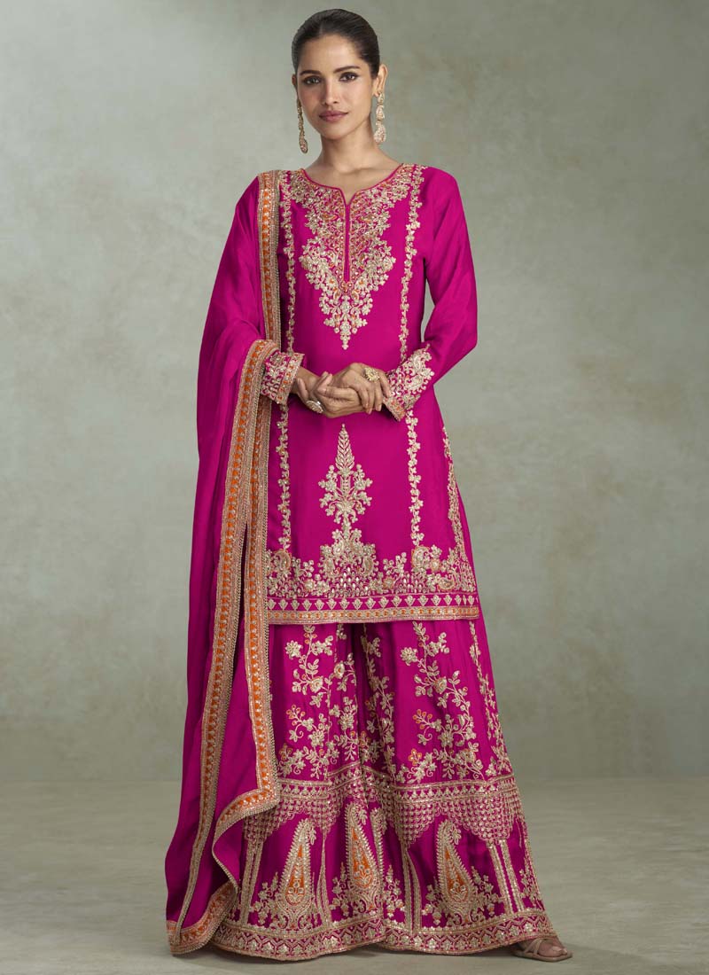 Vegaa Fashion Rani Pink Chinon Embroidered Designer Palazzo Suit