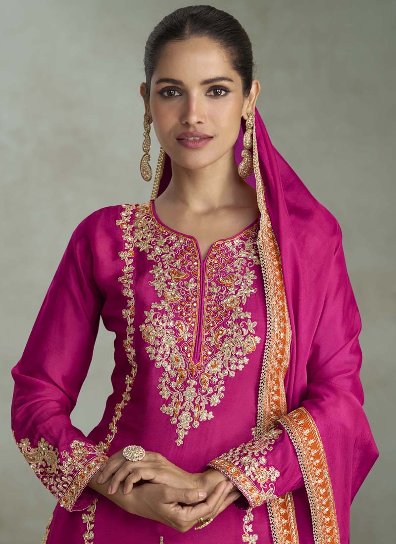 Vegaa Fashion Rani Pink Chinon Embroidered Designer Palazzo Suit