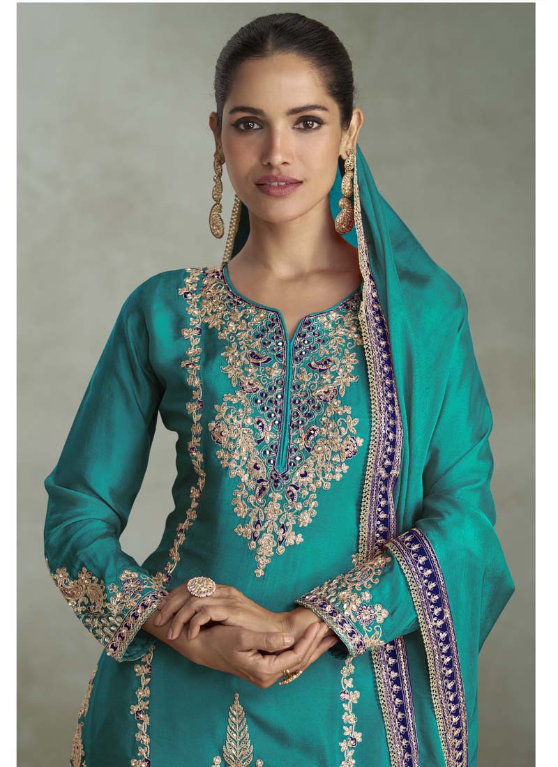 Vegaa Fashion Turquoise Chinon Embroidered Designer Palazzo Suit
