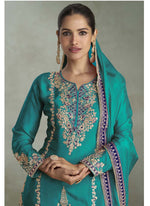 Thumbnail for Vegaa Fashion Turquoise Chinon Embroidered Designer Palazzo Suit