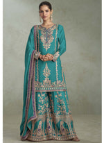Thumbnail for Vegaa Fashion Turquoise Chinon Embroidered Designer Palazzo Suit