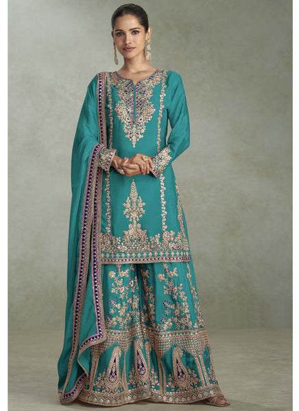 Vegaa Fashion Turquoise Chinon Embroidered Designer Palazzo Suit