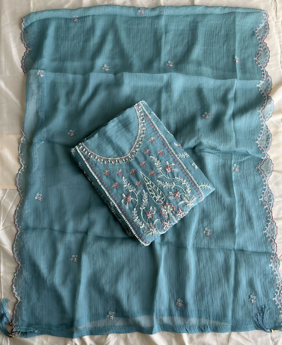 KC Beautiful Sky Blue Chiffon Silk Hand Embroidery Suit For Women - Dista