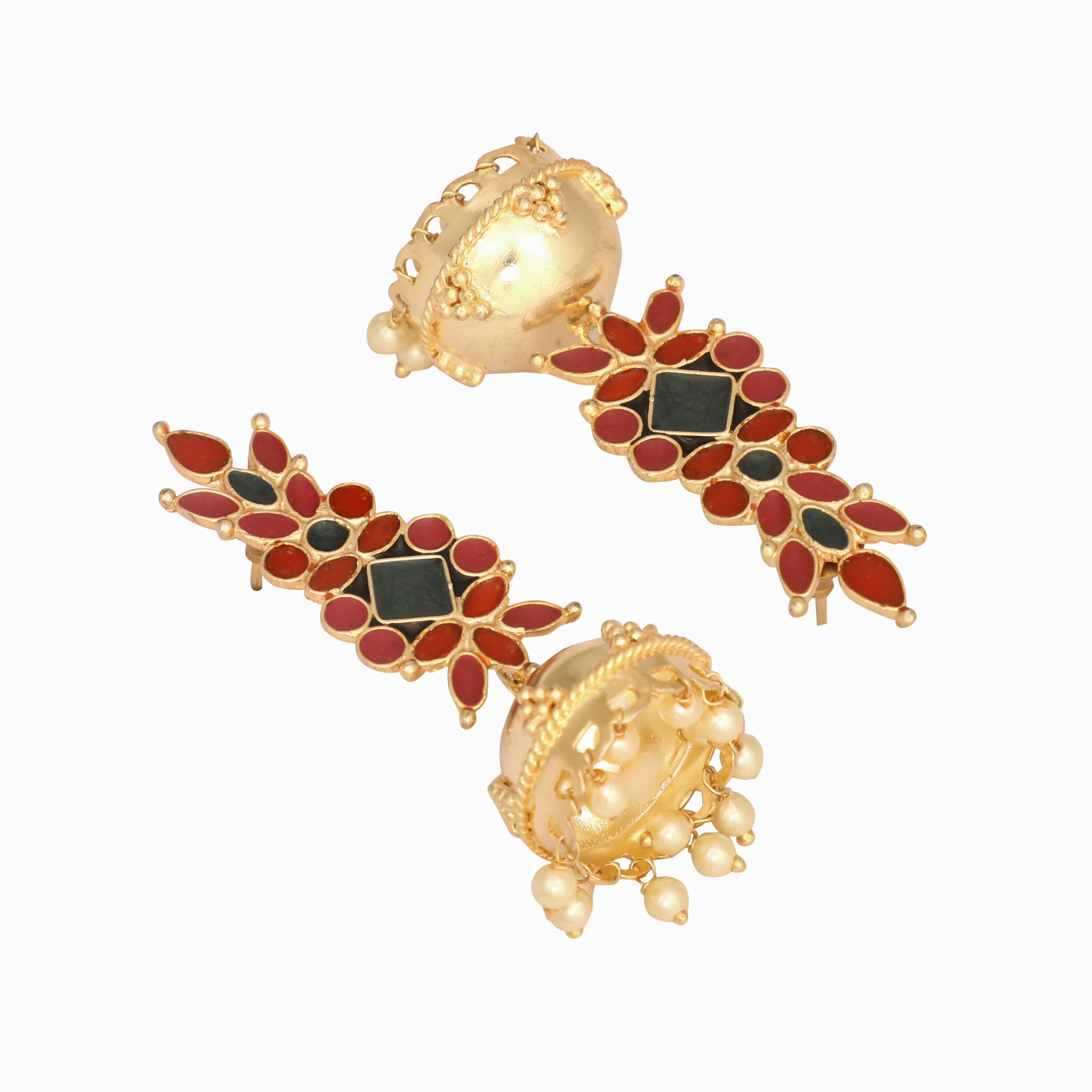 Nuyug 22K Gold-Plated Enamel & Beaded Dome Shaped Jhumka Earrings