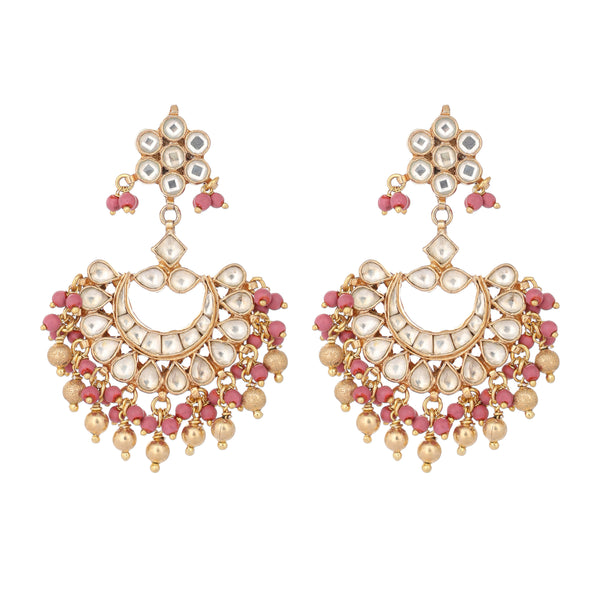 Nuyug 22k Gold-Plated Kundan Chandbali Earrings with Pink Stones