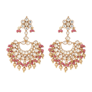 Nuyug 22k Gold-Plated Kundan Chandbali Earrings with Pink Stones