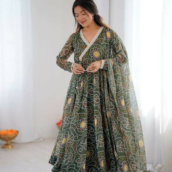 Teeya Creation Green Soft Organza Digital Printed Functional Wear Trending Long Gown - Distacart