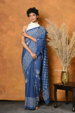 Thumbnail for Very Much Indian Handblock Printed Cotton Saree With Natural Dyes - Cyan Blue - Distacart