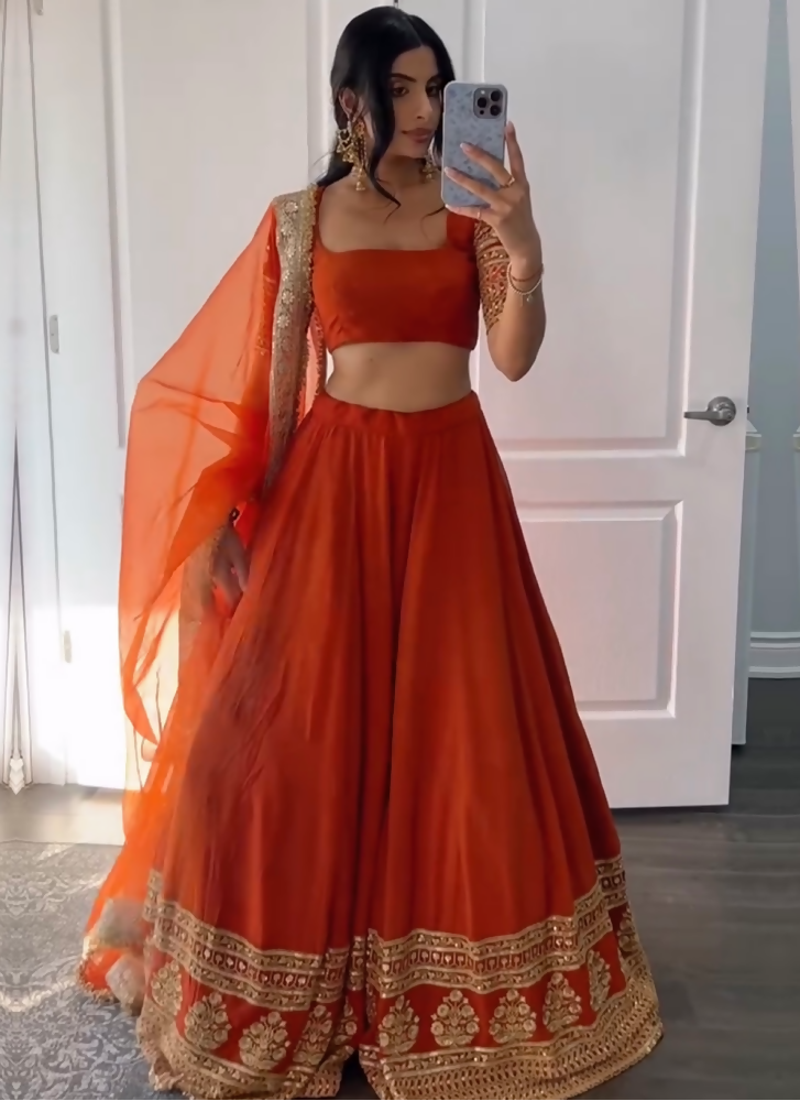 Jihu Culture Women's Orange Zari Embroidery Work Lehenga Choli