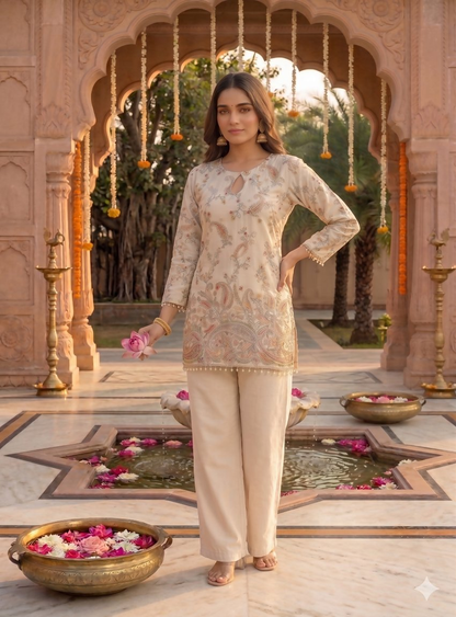 Teeya Creation Off-White Embroidered Straight Kurta With Pant Set - Dista
