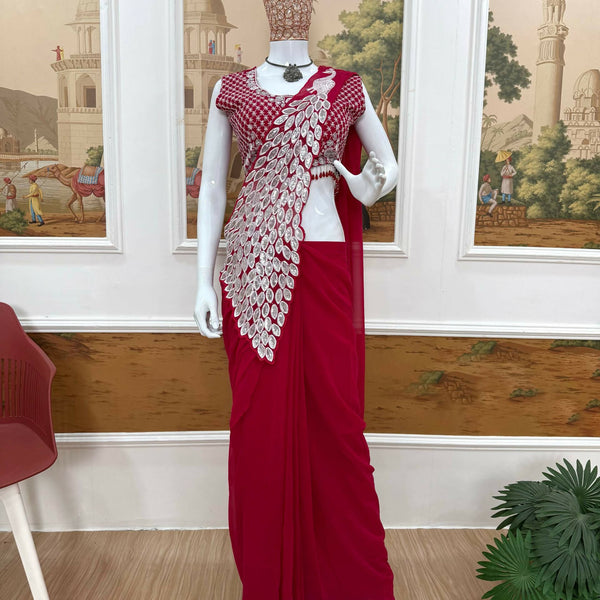 Teeya Creation Rani Color Faux Georgette Embroidery Work Party Wear Ready To Wear Saree - Distacart