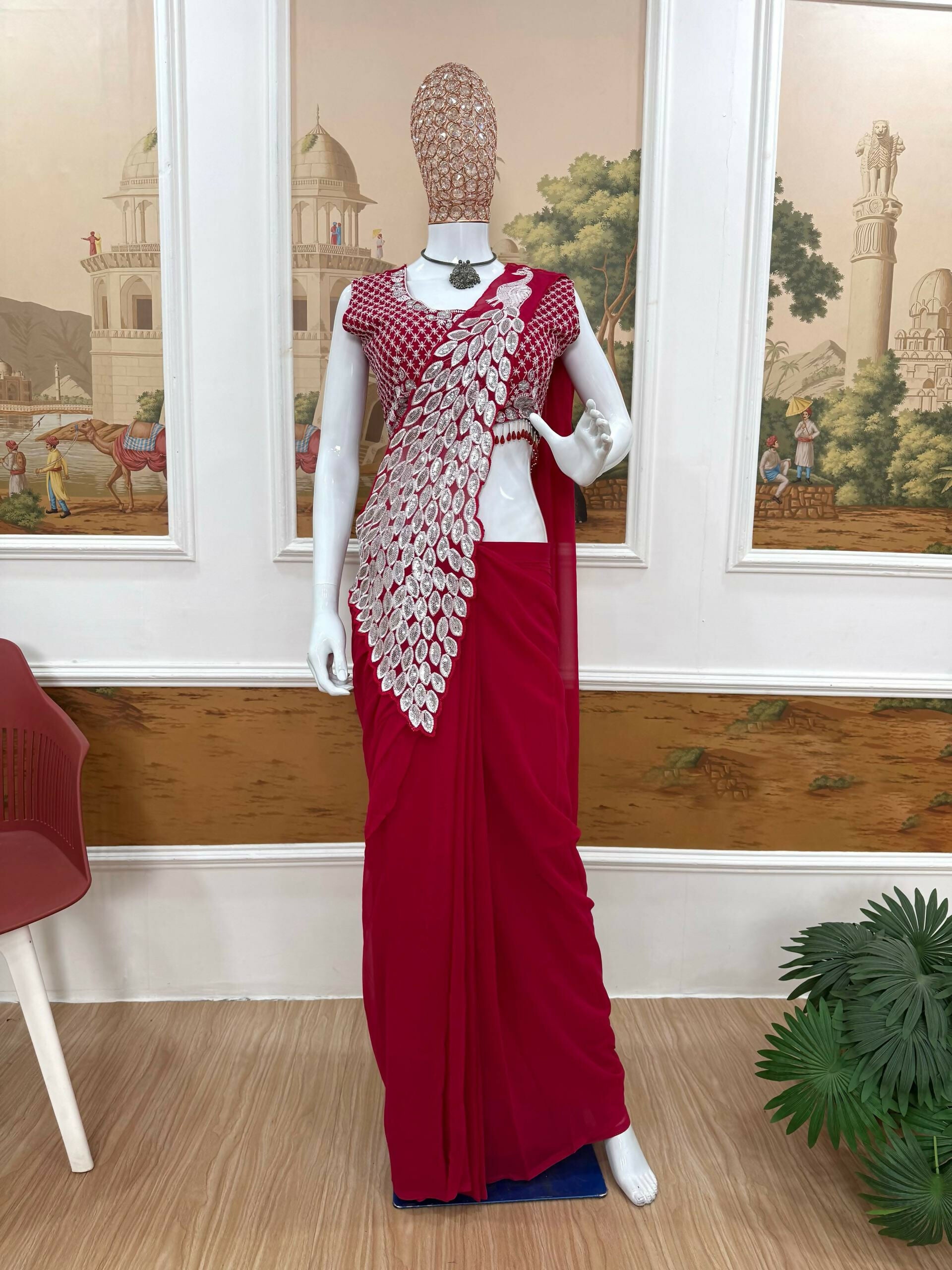 Teeya Creation Rani Color Faux Georgette Embroidery Work Party Wear Ready To Wear Saree - Distacart