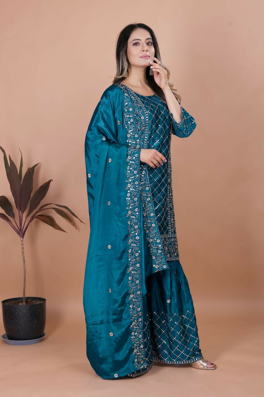 Teeya Creation Teal Color Chinon Silk Embroidery Work Sharara Set - Distacart