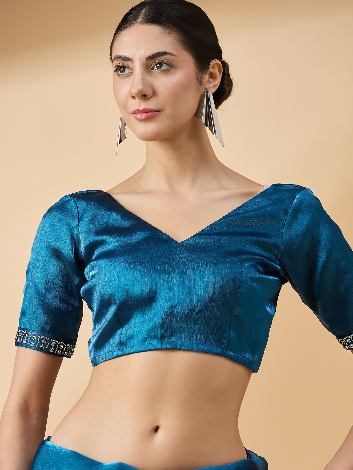 Teal Organza Swaroski Diamond Work Saree with Unstitched Blouse - Radha - Distacart