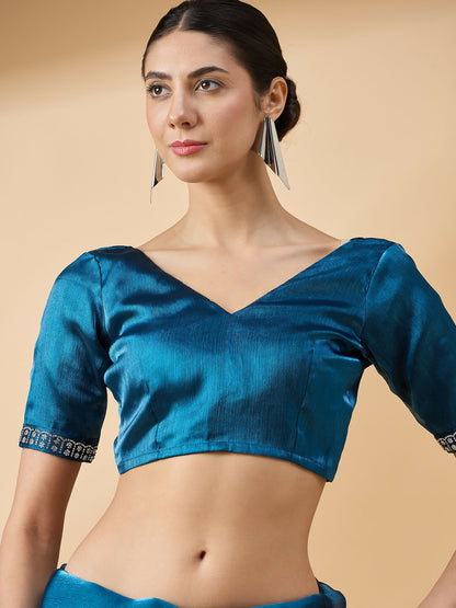 Teal Organza Swaroski Diamond Work Saree with Unstitched Blouse - Radha - Distacart