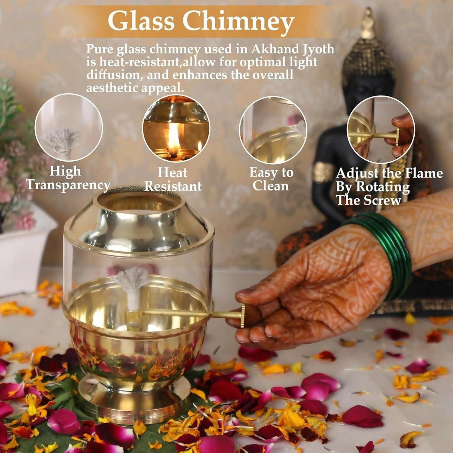 Not Available Pure Brass Akhand Jyot Diya with Borosilicate Glass Cover - Dista